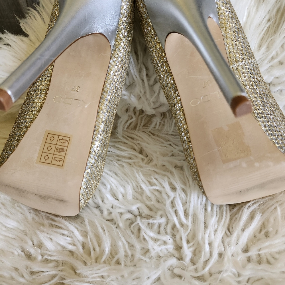 ALDO Gold Glitter Peep Toe Stiletto Pumps - Size Eur 37 U.s. 6.5 - Picture 3 of 7